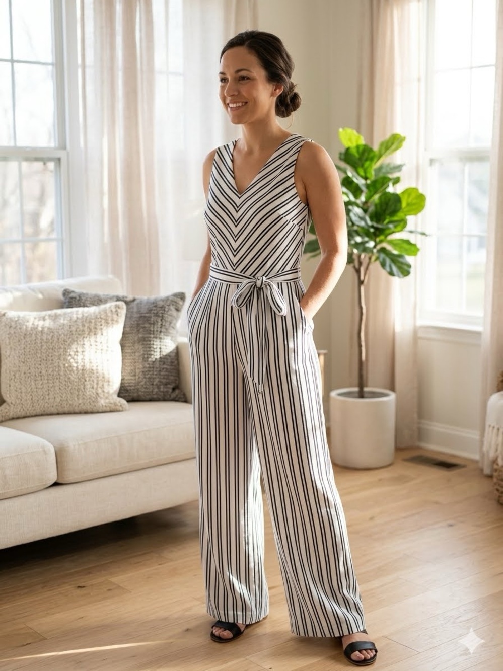 Banana Republic White Jumpsuit with Black Stripes and Tie Waist